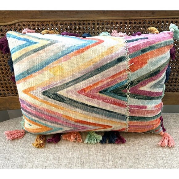 ANTHROPOLOGIE Decorative Pillow Multi-Colored Striped With Tassels - Picture 2 of 7